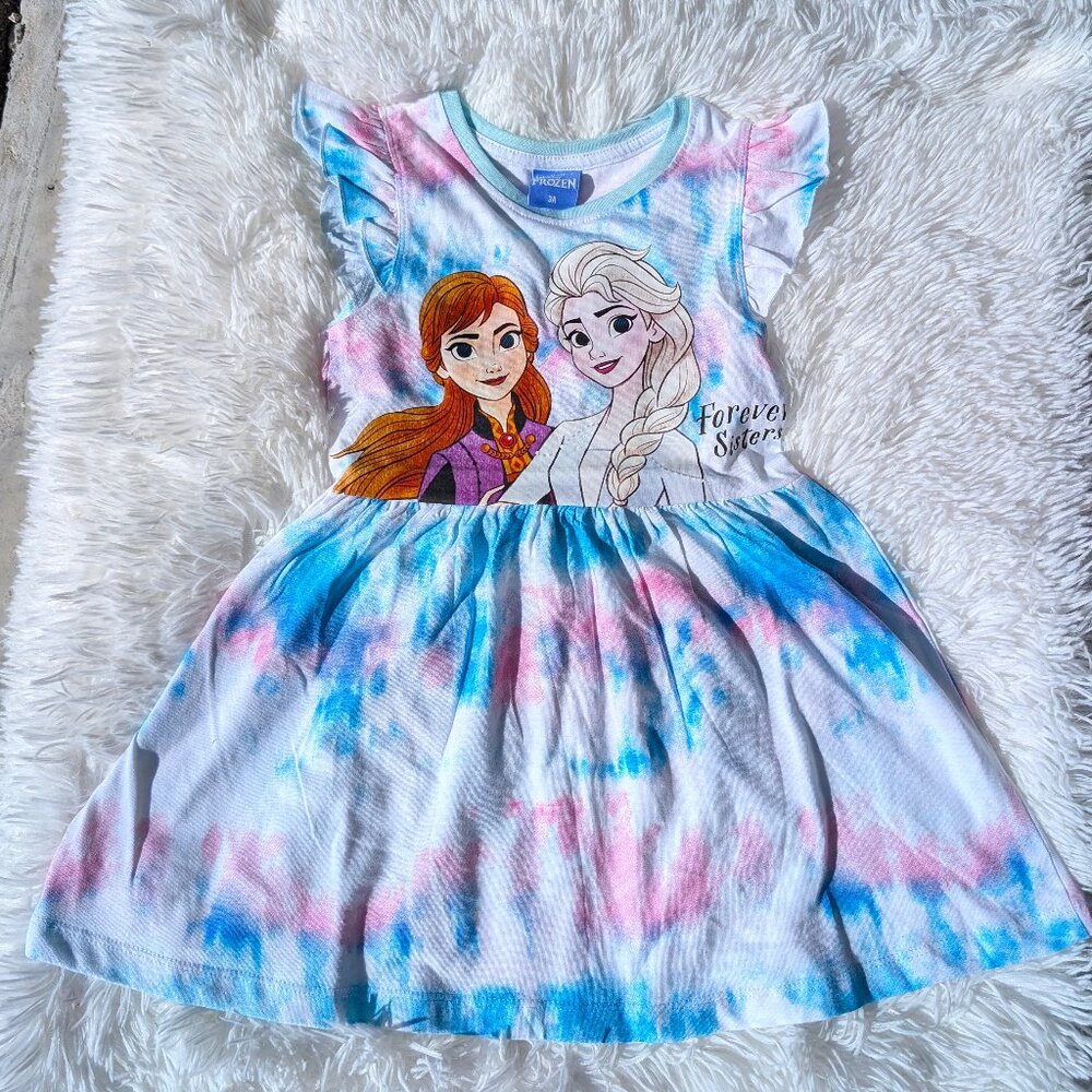 Magical Moments: Ruffle Sleeve Dress Featuring Elsa & Anna – Tie-Dye Blue & Pink